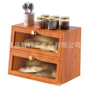 Wooden Bread <b>Storage</b> Box Double Layer <b>Kitchen</b> Countertop Organizer With Condiment <b>Jars</b> And Cutlery Holder - Product Image 1