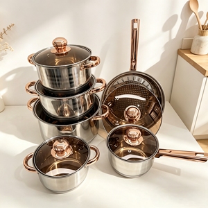 Meilleures ventes 2026 – Ensemble de 12 ustensiles de cuisine en acier inoxydable avec poignées en cuivre et couvercles en <span class=keywords><strong>verre</strong></span> brun, compatible induction - Product Image 3