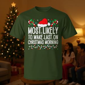 T-shirt de Noël pour la famille : Celui qui a le plus de chance de se réveiller le dernier le matin de Noël - Product Image 3