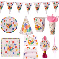 Ballons colorés, décorations de fête d'anniversaire, gobelets en papier, assiettes en papier, décorations festives, nappes jetables