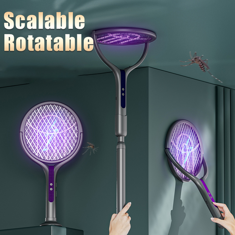 Electric Fly Swatter Retractable Foldable USB-C Rechargeable Mosquito Zapper Racket with UV Light Household