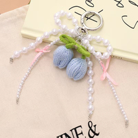 Gantungan Kunci Tulip Rajut Tangan dengan Pita Mutiara, Liontin Bunga Tenun Girly, Gantungan Dompet Kunci, Liontin Bunga Manis untuk Tas Wanita