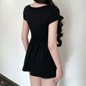 T-shirt sans bretelles ajusté pour femme, couleur unie foncée, taille haute, décontracté, manches courtes, écologique, respirant, haut d'été - Product Image 3