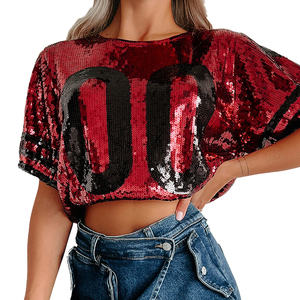 Haut en jersey à paillettes brillantes personnalisé pour jeunes filles, crop top court avec manches bouffantes rayées scintillantes, t-shirt de cheerleader - Product Image 5