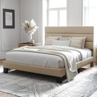 Cadre de lit Queen contemporain rembourré avec tête de lit, structure métallique, rangement modulaire, mobilier de chambre