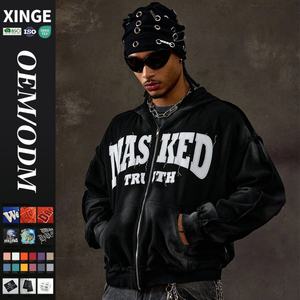 Sudadera con capucha para hombre, estilo vintage urbano, con cremallera, lavado ácido, efecto desgastado, bordado personalizado, bordes deshilachados, corte holgado y corto - Product Image 1