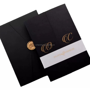 Porte-invitation de mariage de luxe noir, carte d'invitation à double pliage avec logo doré, suite d'invitations de mariage personnalisées imprimées - Product Image 2