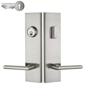 YoukeyHomi American USA Canada Villa Solid Brass Brushed Satin Nickel Keyed Dummy Front <strong>Door</strong> Lock Long Plate Big Handleset <strong>Knob</strong> - Product Image 1