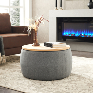 Pouf contenitore rotondo 65 cm x 65 cm x 37 cm grigio scuro con piano in legno per seduta e contenimento nel soggiorno - Product Image 4
