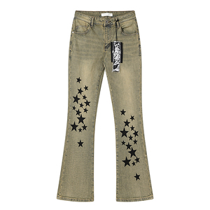 Jean évasé stretch KDNK, coupe skinny, noir délavé, imprimé graphique étoile, style bootcut empilé, pantalon en denim pour homme, streetwear décontracté - Product Image 2