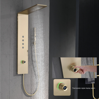 Ensemble de douche mural thermostatique en acier inoxydable brossé doré avec fonction pluie, jet de massage, jet doux, valve en céramique et glissière