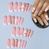 Uñas postizas francesas con punta, color nude burdeos, largas, estilo ataúd, a presión, rojo vino, ombré, línea dorada, cuentas doradas, leopardo, hechas a mano