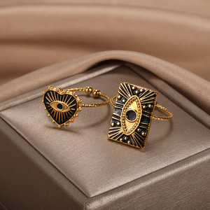 Unique Fashion New Style Stainless Steel square <b>Plate</b> Heart-shaped Drip Eye <b>Ring</b> Adjustable Opening <b>Ring</b> Ornament Female - Product Image 3