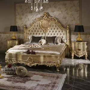 Ensemble de lit de luxe en bois sculpté avec cadre de lit king size en bois massif style royal italien