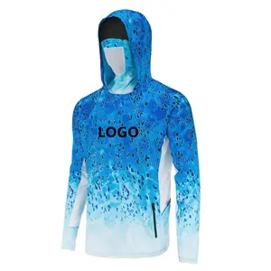 Upf50 uv camo balıkçılık hoodie jersey 100% polyester hızlı kuru nem fitilleme erkek kaput balıkçılık gömlek yüz maskesi ile