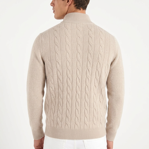 Pull en maille torsadée beige à carreaux, mélange nylon/cachemire, pour homme, automne, OEM, respirant, séchage rapide, anti-boulochage, 320g, fermeture éclair avant, manches longues - Product Image 3