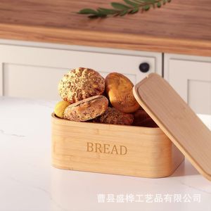Bamboo Bread Storage Box Rectangle With Lid <b>Kitchen</b> Desktop Organizer For Bread And Vegetables - Product Image 4
