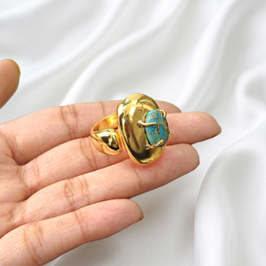 Modern jewelry blue copper turquoise oval stone <b>adjustable</b> <b>ring</b> brass 18k gold plated prong set bold statement cocktail <b>rings</b> - Product Image 5