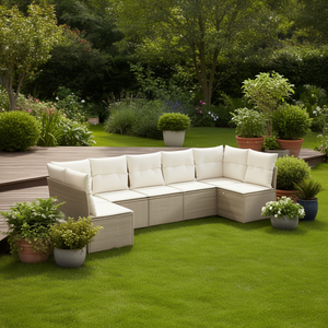 Ensemble de canapés de jardin modulaires en rotin beige, meubles d'extérieur confortables, design contemporain, coussins en mousse haute densité - Product Image 2