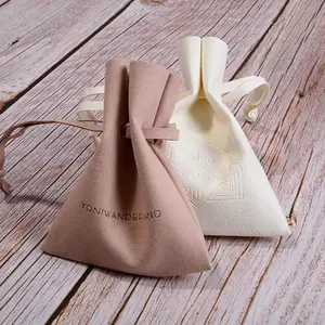 Custom Beige Pink Microfiber Suede Leather Jewellery Packaging Bag Drawstring Gift Jewelry Pouches with Embossed Logo