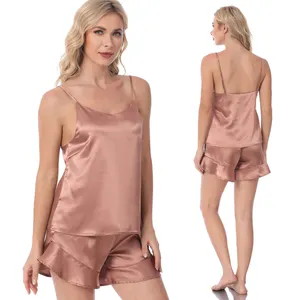 奢华2022新款性感吊带短款套装女士睡衣丝绸缎面短款睡衣套装女士