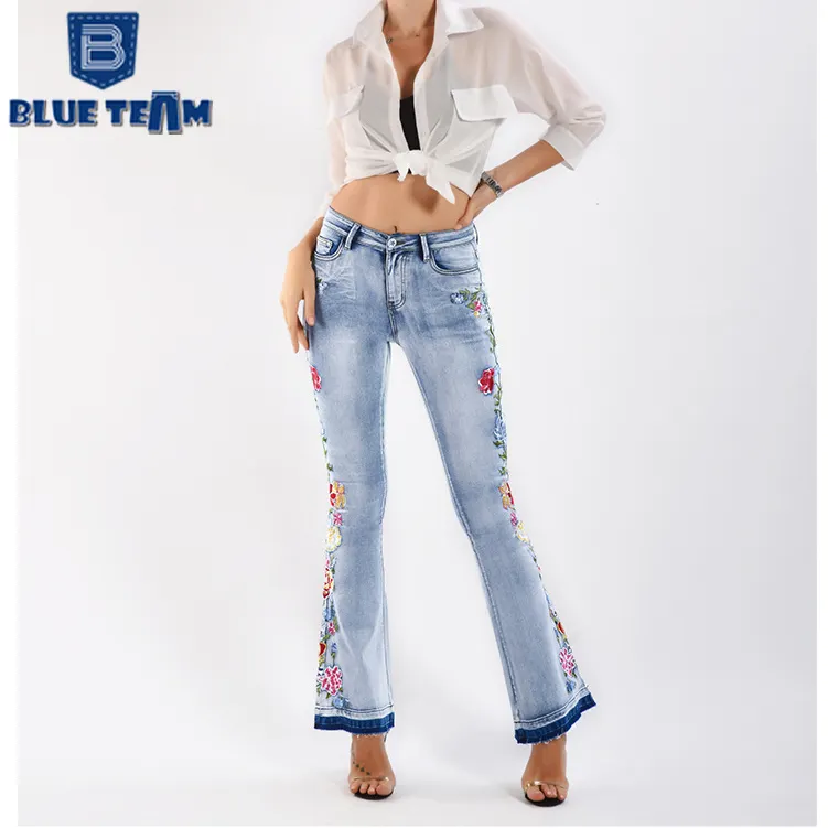 Equipe azul personalizado atacado de alta qualidade Elastic 3D bordado calças jeans das mulheres queimado calças plus size calças jeans
