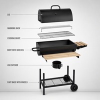 Barbecue à charbon de bois robuste SEJR chromé avec chariot, table latérale en bois, thermomètre, étagère de rangement et dispositif de sécurité anti-flamme