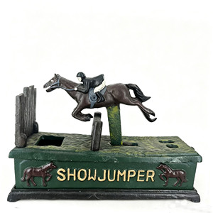 Tirelire mécanique <span class=keywords><strong>vintage</strong></span> en fonte, figurine de cavalier sauteur d'obstacles, tirelire rétro de collection, décoration de table pour la maison - Product Image 5