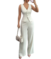 Ensemble tailleur élégant pour femme : gilet sans col à col en V, pantalon large extensible tissé, tenue de bureau formelle OL