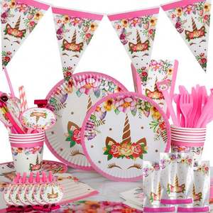 Kit de Vaisselle Jetable Licorne Rose pour Fête <span class=keywords><strong>d</strong></span>'Anniversaire Fille, Ensemble Assiettes en Carton et Gobelets - Product Image 1