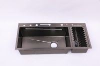 Évier de cuisine moderne multifonction en acier inoxydable 304 à double bac avec robinet cascade et égouttoir noir 10045 – Meilleures ventes