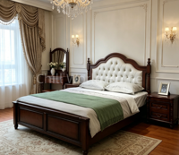 Massivholz-Bettgestell in King- und Queen-Size, Vintage-Design mit Geschwungenen Schnitzereien und Gepolstertem Kopfteil, Traditionelles Amerikanisches Farmhaus-Schlafzimmer
