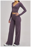 Pakaian Olahraga Wanita Kompresi Gym Fitness Set Yoga 2-Potong Sport Bra Atasan Lengan Panjang Celana Yoga Wanita Model Flare Set Olahraga Wanita