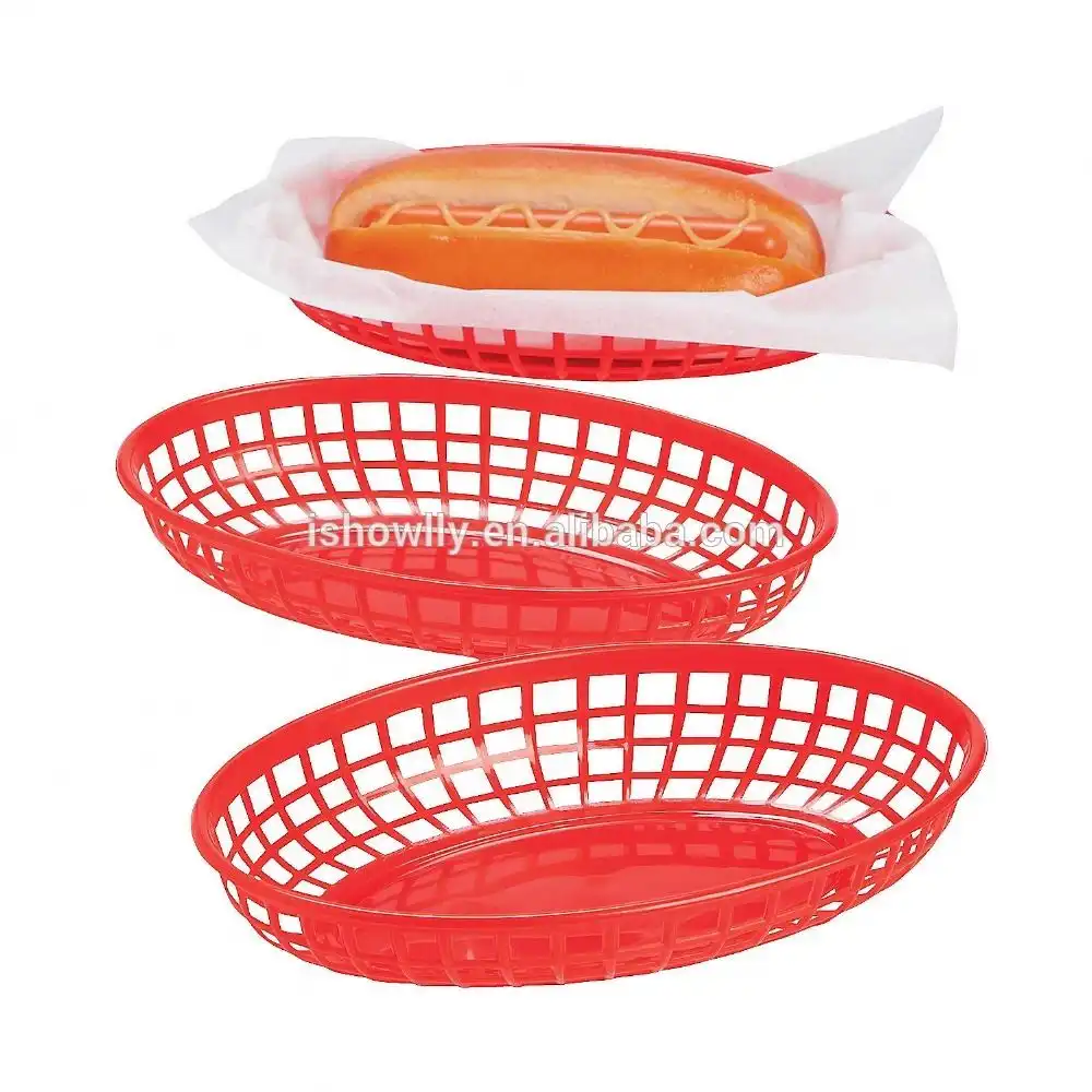 Venta caliente de encargo de plástico barato tienda en cesta rojo restaurante Serveware rojo Oval cena cestas rápido cestas de alimentos