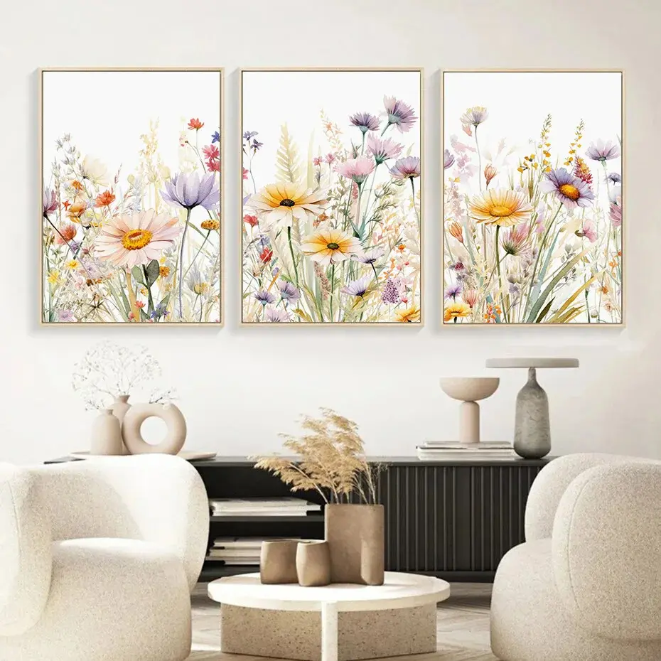 Heim Wohnzimmer Dekor nordisch 3 Paneele modern frische Wasserfarben Pflanzen Wandkunst gedruckt Wildblumen Malerei auf Leinwand
