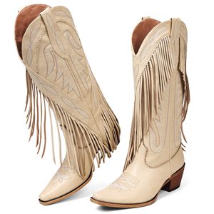 New <strong>Women's</strong> Cowboy <strong>Boots</strong> Retro Square Toe Pull on Block Chunky Heel Embroidery Tassel Calf Western Cowgirl <strong>Boots</strong> - Product Image 1