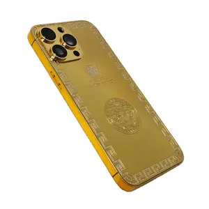 كسوة للهاتف المحمول منقوش عليها شعار مخصص فاخر مطلي بالذهب الحقيقي مع ماسة لهاتف iPhone