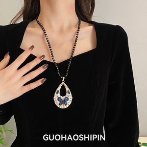 Vintage Butterfly Pendant Necklace Long Chain Gemstone Sweater Chain For Women Fashion Jewelry Accessories White And Black Color - Product Image 5