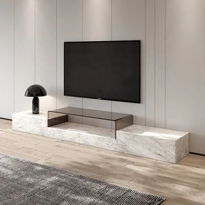 Modern <strong>White</strong> Marble <strong>TV</strong> <strong>Stand</strong> with Tempered Glass Top and Fireplace for Living Room Hotel &amp; Apartment Use - Product Image 3