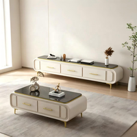 Ensemble de meuble TV et table basse de luxe moderne avec panneaux en bois et plateau en verre pour salon d'appartement, mobilier de maison