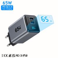 Chargeur rapide double USB-C GaN 65W, multi-prises, certifié PD QC3.0 CE FCC SAA UKCA, adaptateur avec écran LED pour téléphones et ordinateurs portables