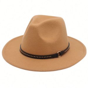 Chapeau Fedora en feutre synthétique de style européen et américain avec large bord et ceinture à rivets métalliques, accessoires de mode pour l'extérieur, chapeaux de cowboy - Product Image 5