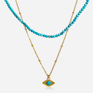 Collier superposé tendance avec pendentif œil turc en turquoise, chaîne dorée et design perlé, idéal pour offrir - Product Image 1