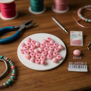 Perline Ilan Abalorio da 8 mm a strisce rosa per la creazione di gioielli - Product Image 3