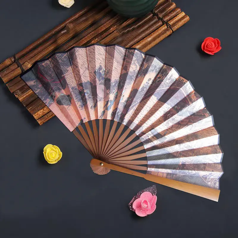 Ventoinha de mão de bambu dobrável de madeira personalizada fofa de venda por atacado com bolsa