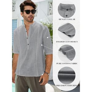 Custom Men's Cotton <b>Linen</b> Henley <b>Shirt</b> Casual Button Down Tropical Beach T-<b>Shirt</b> Summer <b>Short</b> <b>Sleeve</b> ODM Woven Fabric - Product Image 5