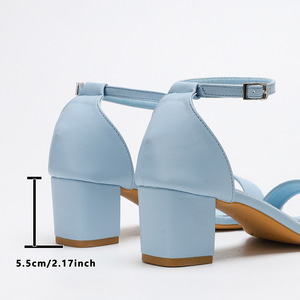 New style chunky heel open-<b>toe</b> <b>sandals</b> for women, summer mid-height high heels, blue, simple single-button straps - Product Image 4