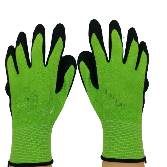 stock for wholesales high visible green color PU latex PVC coated breathable work protective full fingers gloves