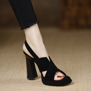 Summer New High Heels Leather Waterproof Platform Sandals Open Toe Black - Product Image 1