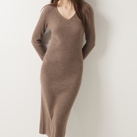 Robe en cachemire pour femme, robe en tricot côtelé, col en V, coupe ajustée, manches longues, 30% cachemire, robe midi en tricot, couleur personnalisée
